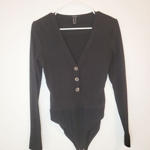 Forever21 Women's V Neck Black Ribbed Bodysuit Long Sleeve Button Medium - Picture 3 of 5